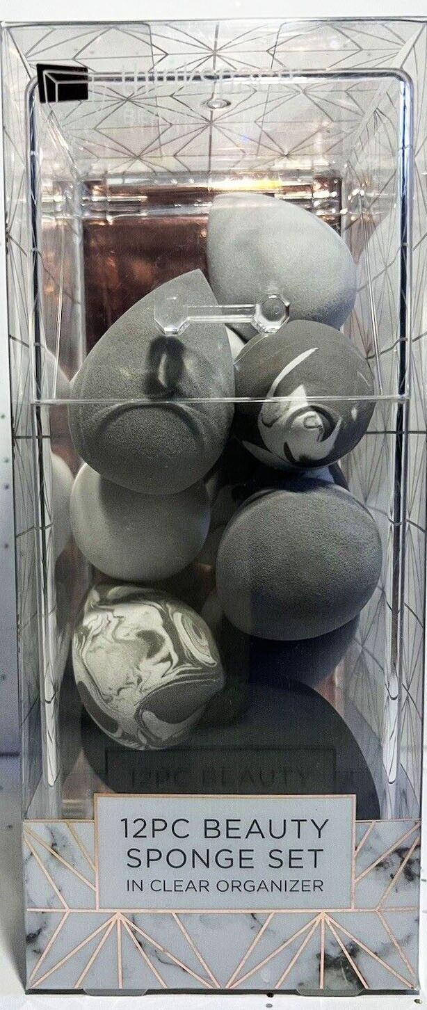 12 PC BEAUTY SPONGE SET NON LATEX ALLERGY FREE IN CLEAR ORGANIZER NEW IN BOX