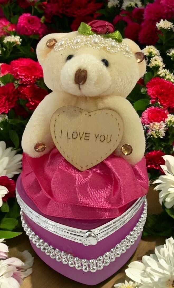 I Love You Bear With Heart Shaped Jewelry Gift Box Dark Pink/Purple