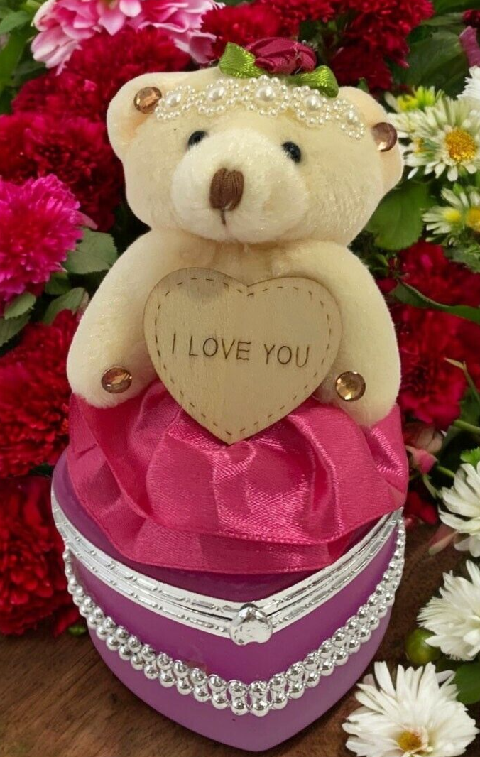 I Love You Bear With Heart Shaped Jewelry Gift Box Dark Pink/Purple