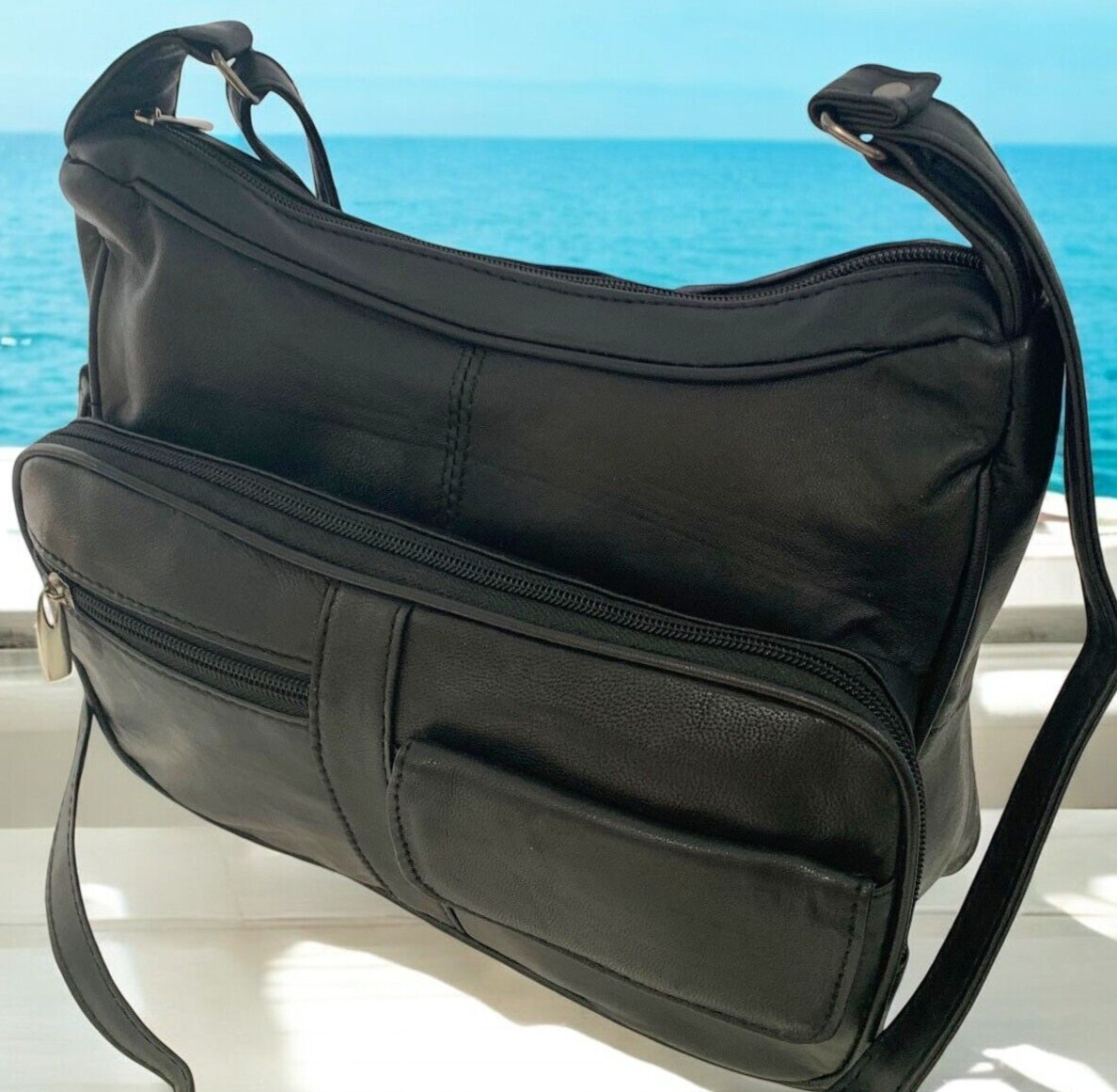 BLACK Leather Organizer Purse Shoulder Bag Multiple Pockets Cross Body Handbag