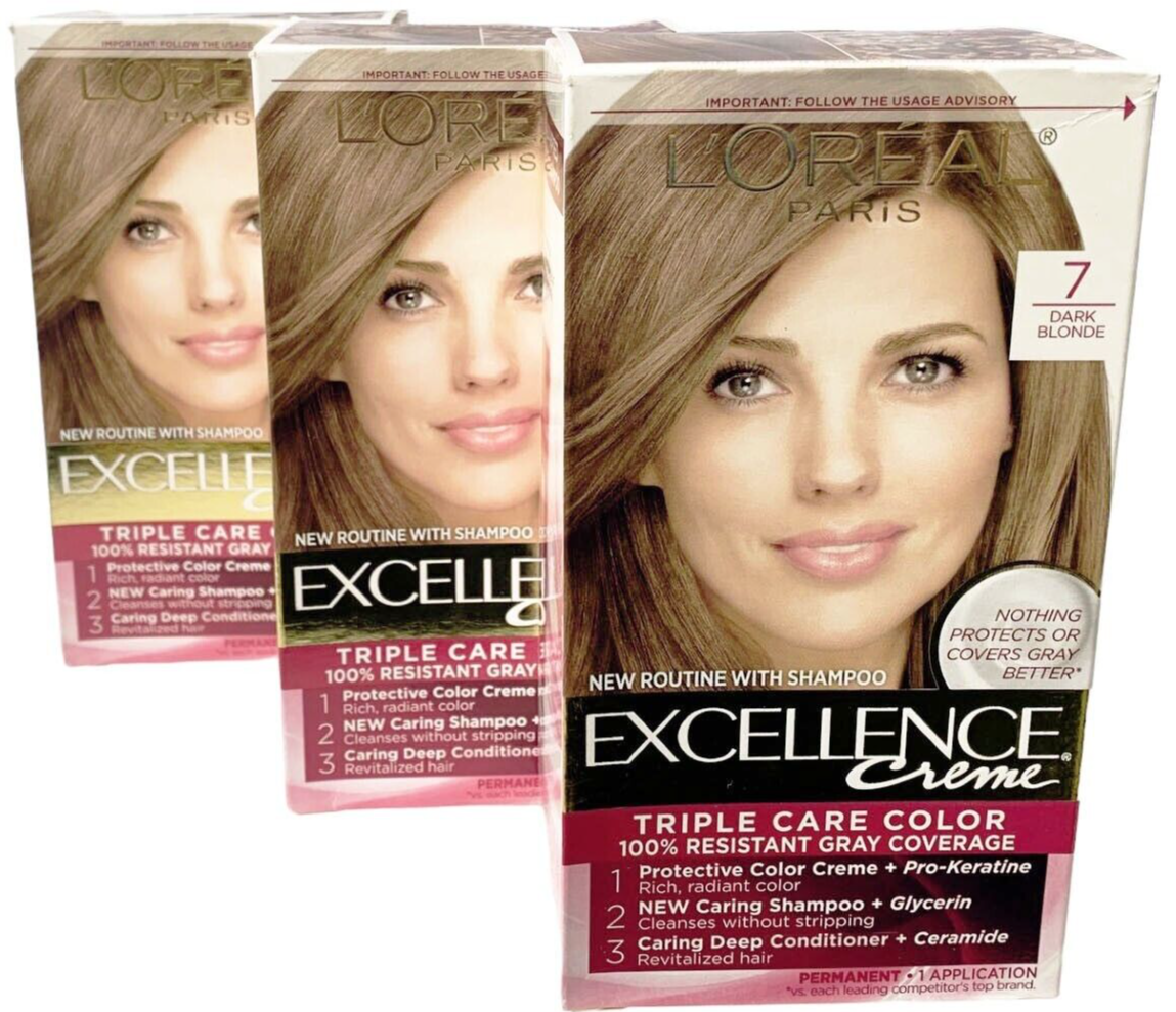 3  L'Oreal Paris 7 Dark Blonde Excellence Creme Permanent Triple Care Hair Color