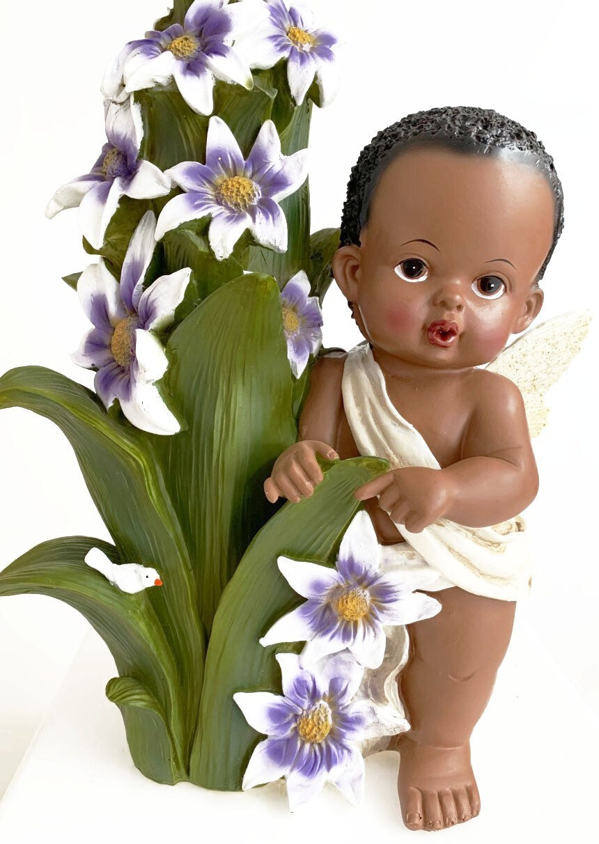 AFRICAN AMERICAN FAIRY ANGEL BABY BOY /GIRL FIGURINE WITH FLOWERS/ BIRD 12.25"