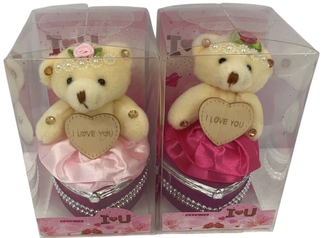 I Love You Bear With Heart Shaped Jewelry Gift Boxes SET OF 2 Pink & Fuchsia