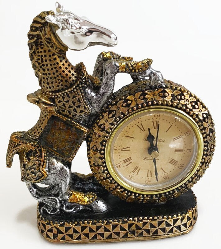 DESK TABLE ANTIQUE STYLE CLOCK WITH RISING HORSE STATUE BATTERY OPERATED
