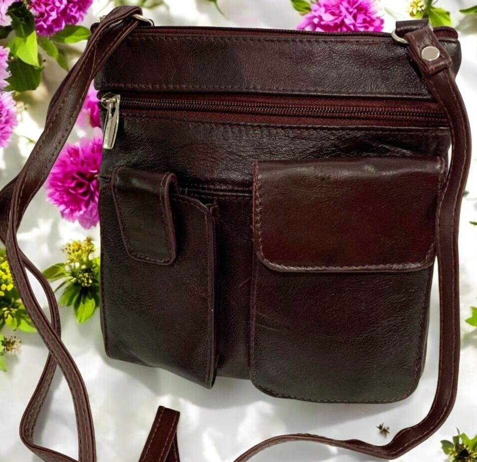 BURGUNDY Cowhide Leather Crossbody Shoulder Bag  Organizer Handbag for Women