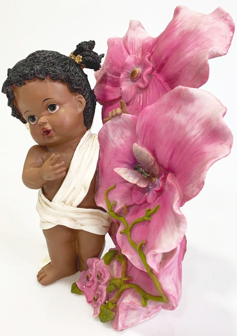 AFRICAN AMERICAN FAIRY ANGEL BABY GIRL FIGURINE WITH FLOWERS AND BUTTERFLY 11.5"