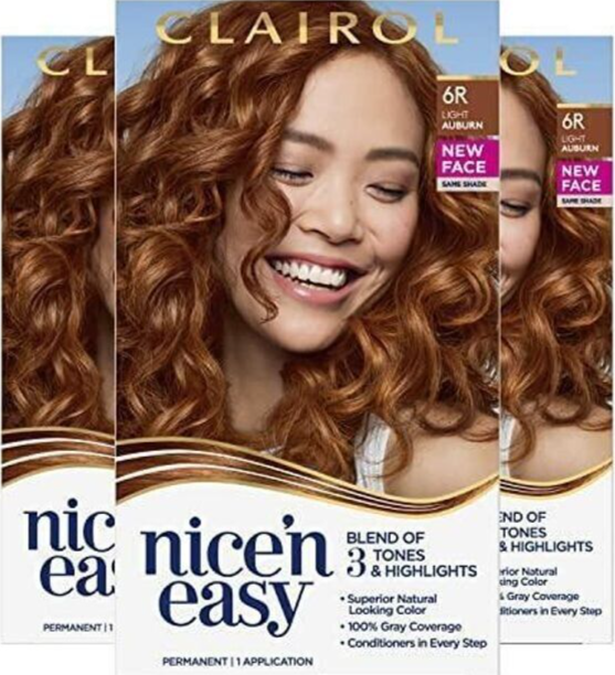 3-Clairol Nice'n Easy Permanent Hair Dye, 6R Light Auburn 100% Gray Coverage