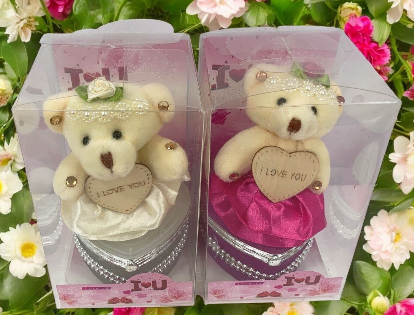 I Love You Bear With Heart Shaped Jewelry Gift Boxes SET OF 2 White and Fuchsia