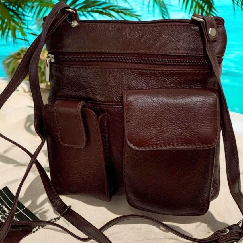 BURGUNDY Cowhide Leather Crossbody Shoulder Bag  Organizer Handbag for Women
