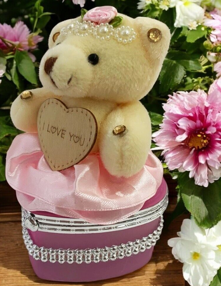 I Love You Bear With Heart Shaped Jewelry Gift Box Pink