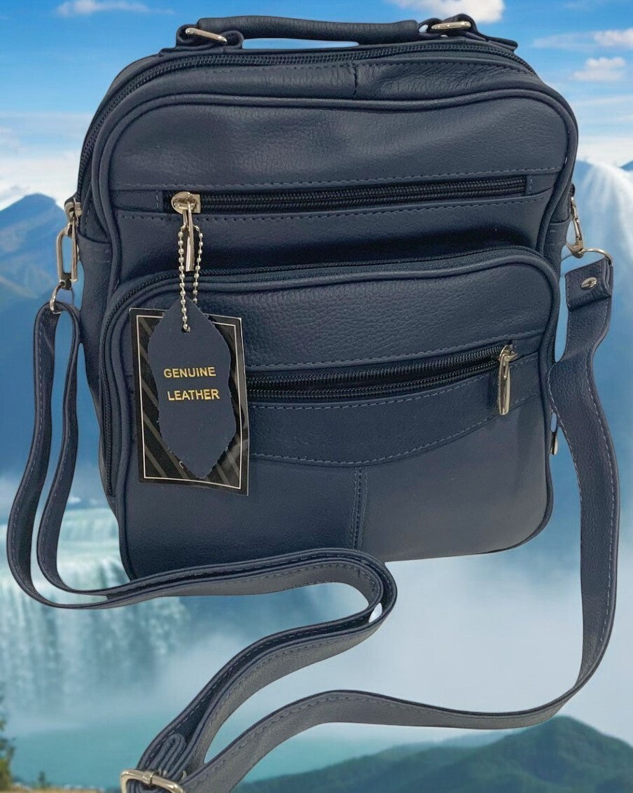 Blue Large Men Cowhide Leather Messenger Crossbody Shoulder Bag Satchel Handbag