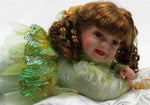 PORCELAIN BROWN HAIR CRAWLING FAIRY BABY 22" GREEN DRESS SILK BLANKET