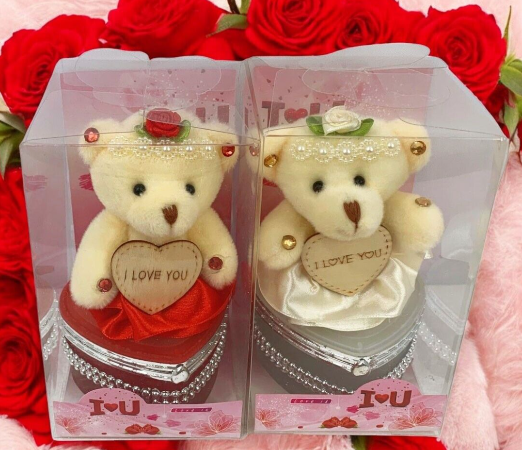 I Love You Bear With Heart Shaped Jewelry Gift Boxes SET OF 2 White & Red
