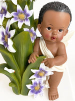 AFRICAN AMERICAN FAIRY ANGEL BABY BOY /GIRL FIGURINE WITH FLOWERS/ BIRD 12.25"