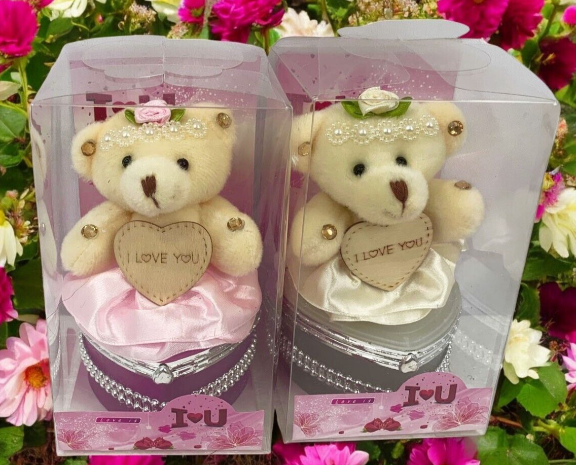 I Love You Bear With Heart Shaped Jewelry Gift Boxes SET OF 2 Pink White