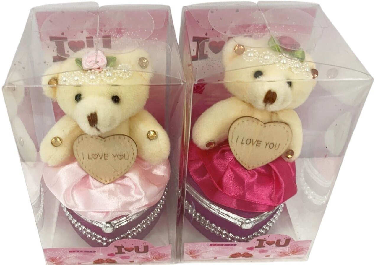 I Love You Bear With Heart Shaped Jewelry Gift Boxes SET OF 2 Pink & Fuchsia