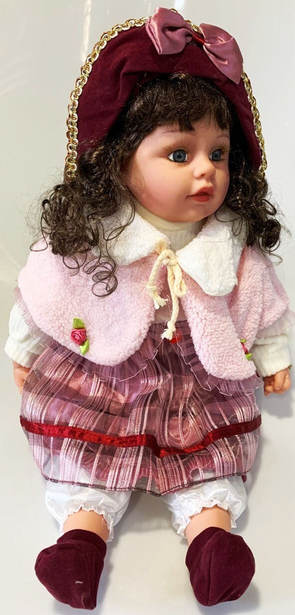 NEW VINYL PLAY DOLL BROWN HAIR GRAY EYES  22" BURGUNDY/WHITE/PINK  CLOTHES