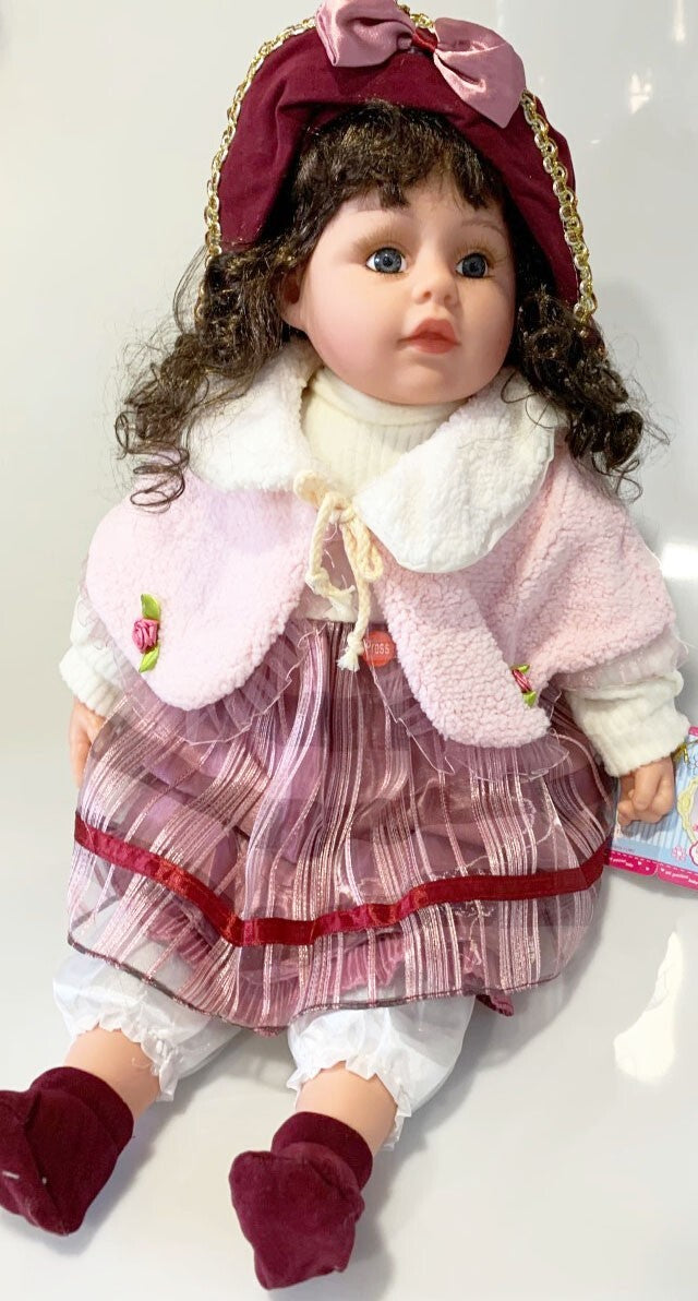 NEW VINYL PLAY DOLL BROWN HAIR GRAY EYES  22" BURGUNDY/WHITE/PINK  CLOTHES