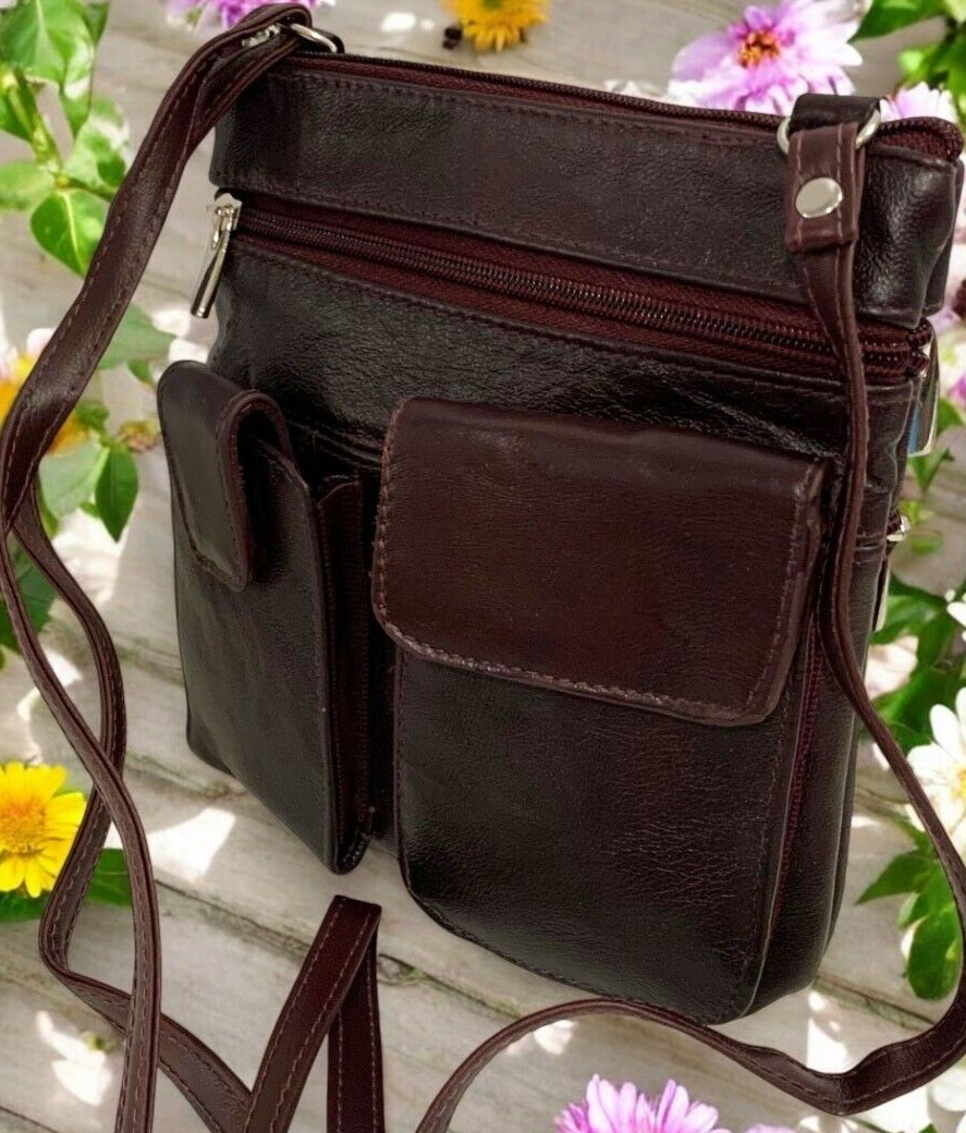 BURGUNDY Cowhide Leather Crossbody Shoulder Bag  Organizer Handbag for Women