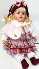NEW VINYL PLAY DOLL BLOND HAIR BLUE EYES 22" BURGUNDY/WHITE/PINK CLOTHES