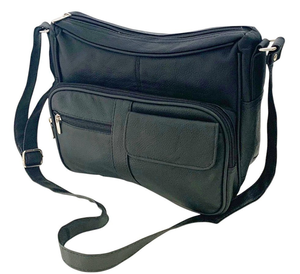 BLACK Leather Organizer Purse Shoulder Bag Multiple Pockets Cross Body Handbag