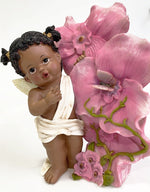 AFRICAN AMERICAN FAIRY ANGEL BABY GIRL FIGURINE WITH FLOWERS AND BUTTERFLY 11.5"