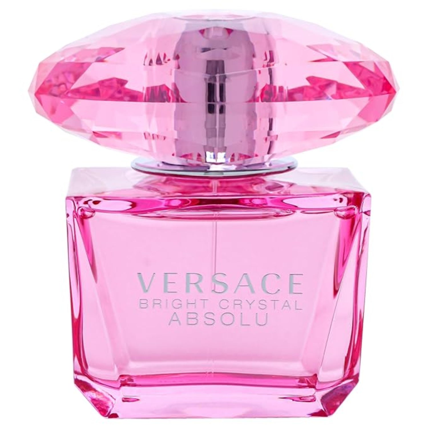 Pink Versace perfume bottle with diamond-shaped cap on a white background