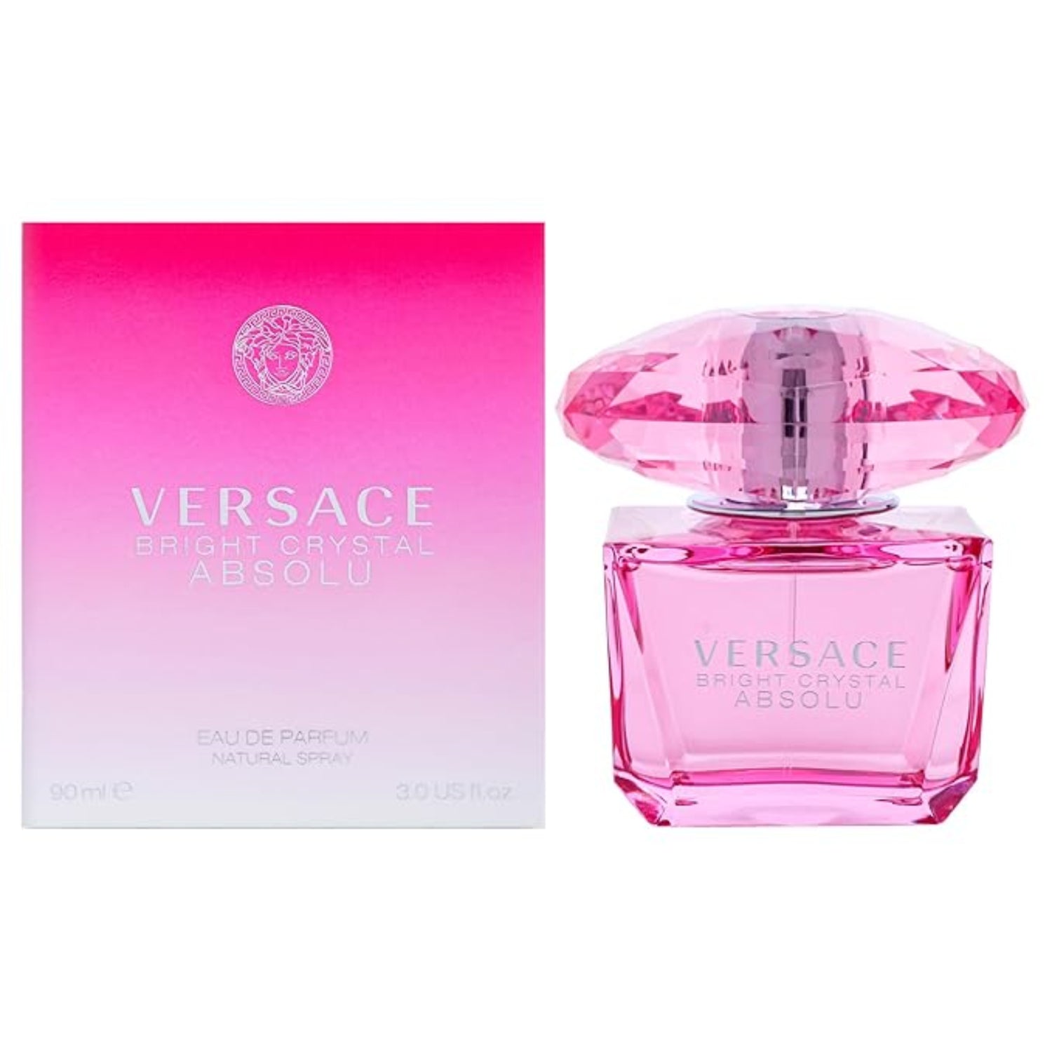 Versace Bright Crystal Absolu perfume bottle and packaging on a white background