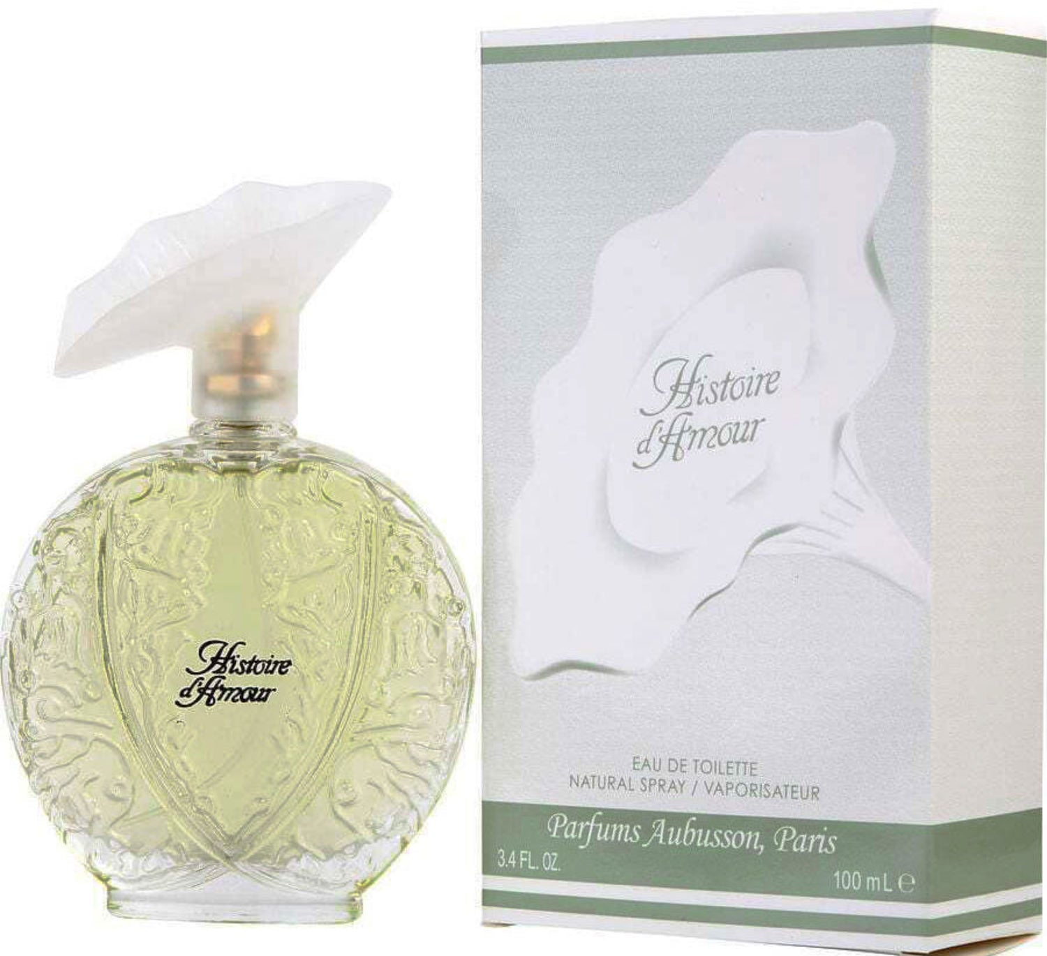 Perfume bottle and packaging of 'Histoire d'Amour' by Parfums Aubusson on a white background