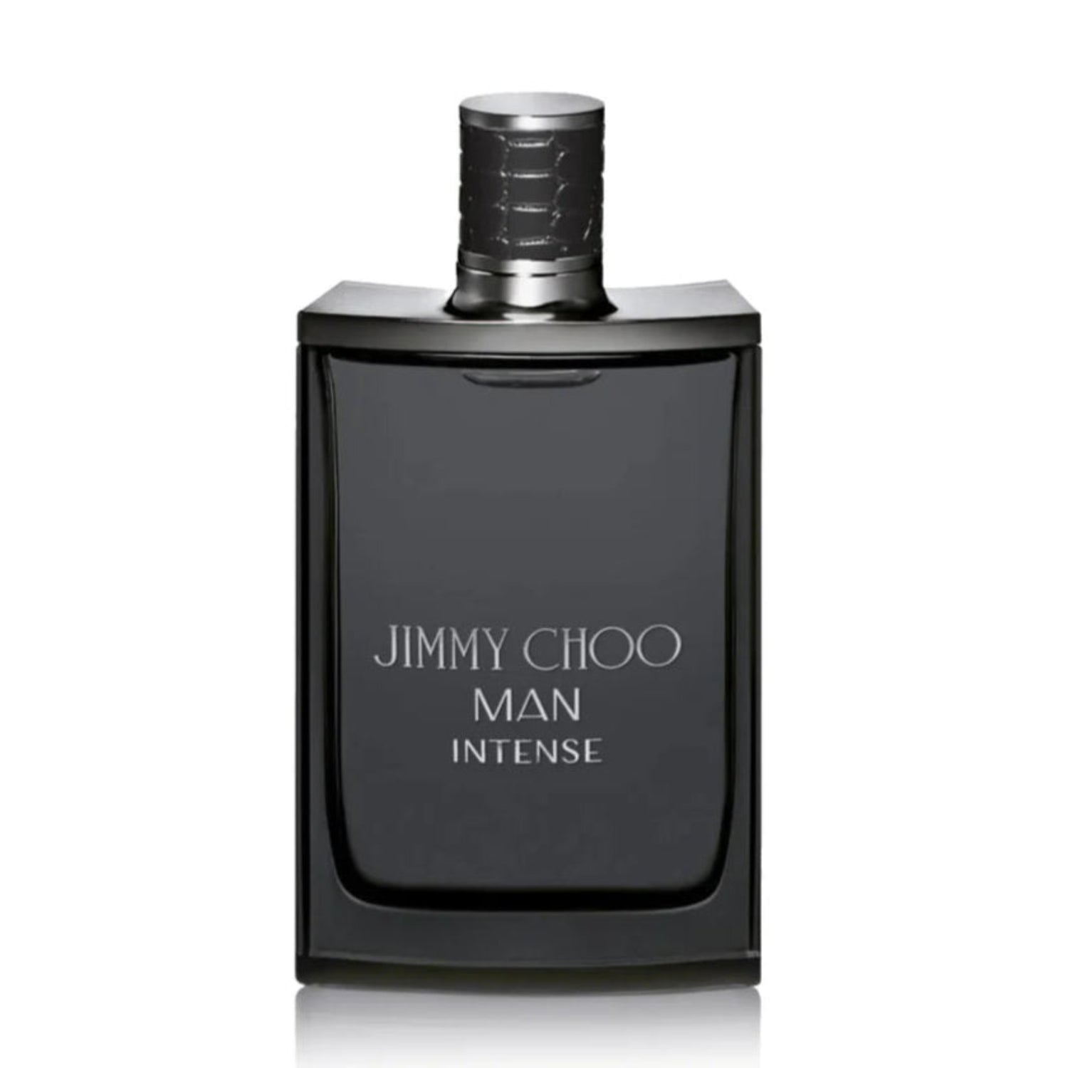 Black perfume bottle labeled Jimmy Choo Man Intense on a white background