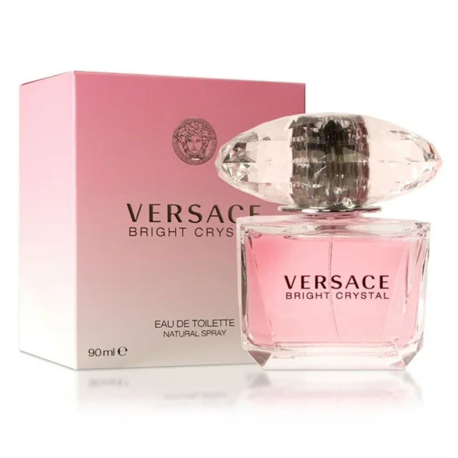 Versace Bright Crystal perfume bottle and packaging on a white background