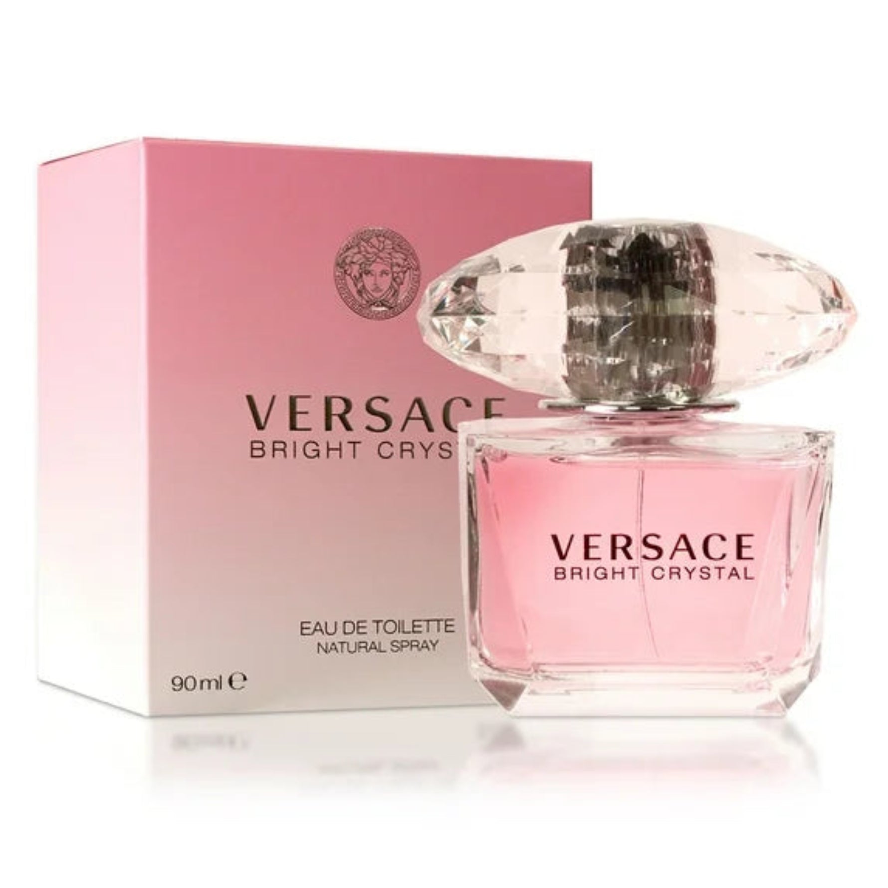 Versace Bright Crystal perfume bottle and packaging on a white background
