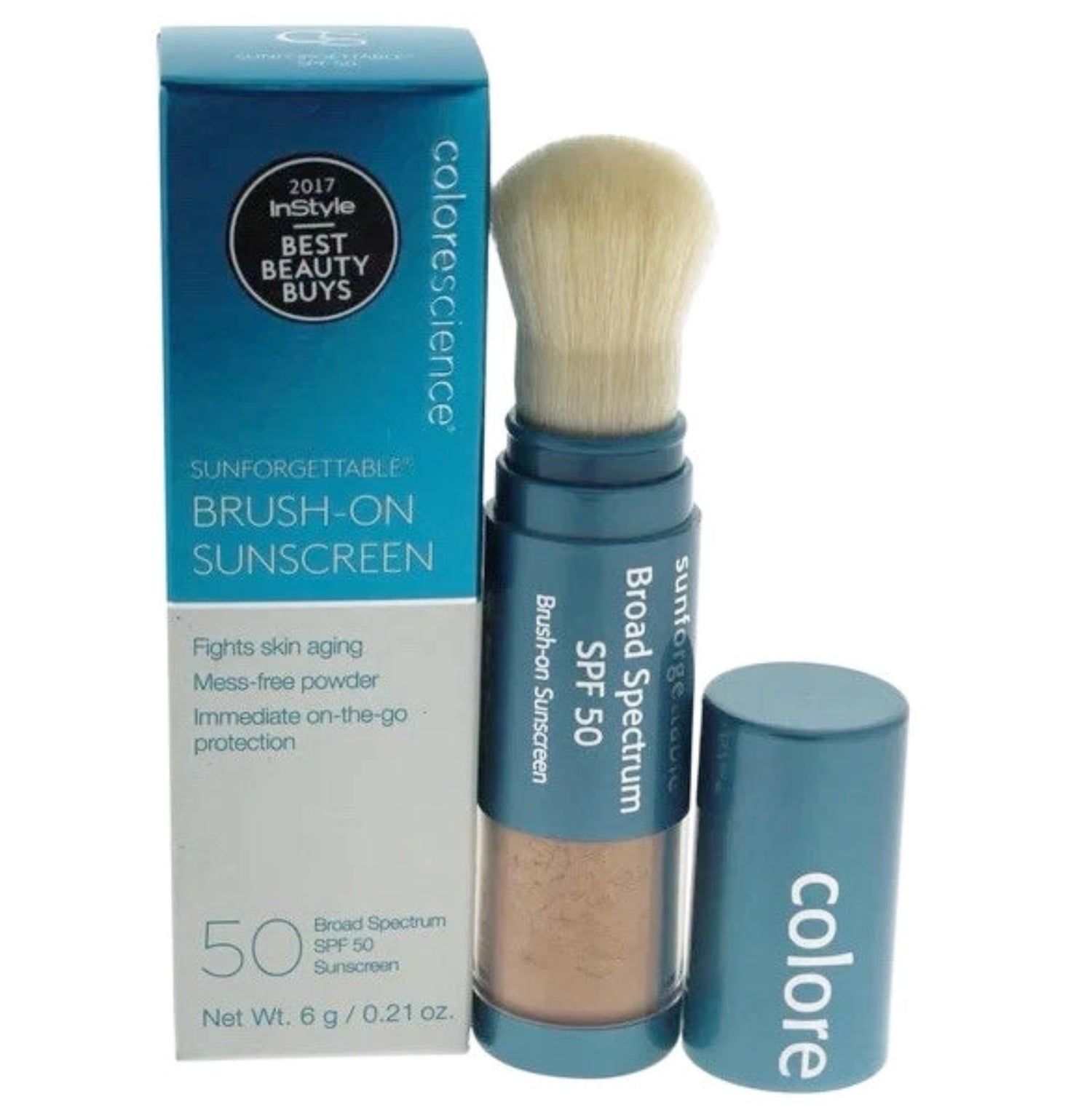 Colorescience brush-on sunscreen with packaging on a white background