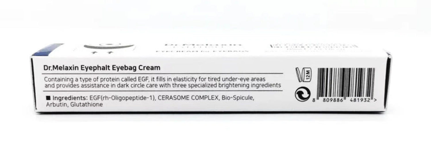Dr. Melaxin Eyebag Cream packaging with text and barcode on a white background