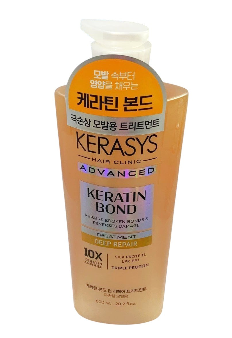 Keratin bond treatment bottle with visible branding on a white background