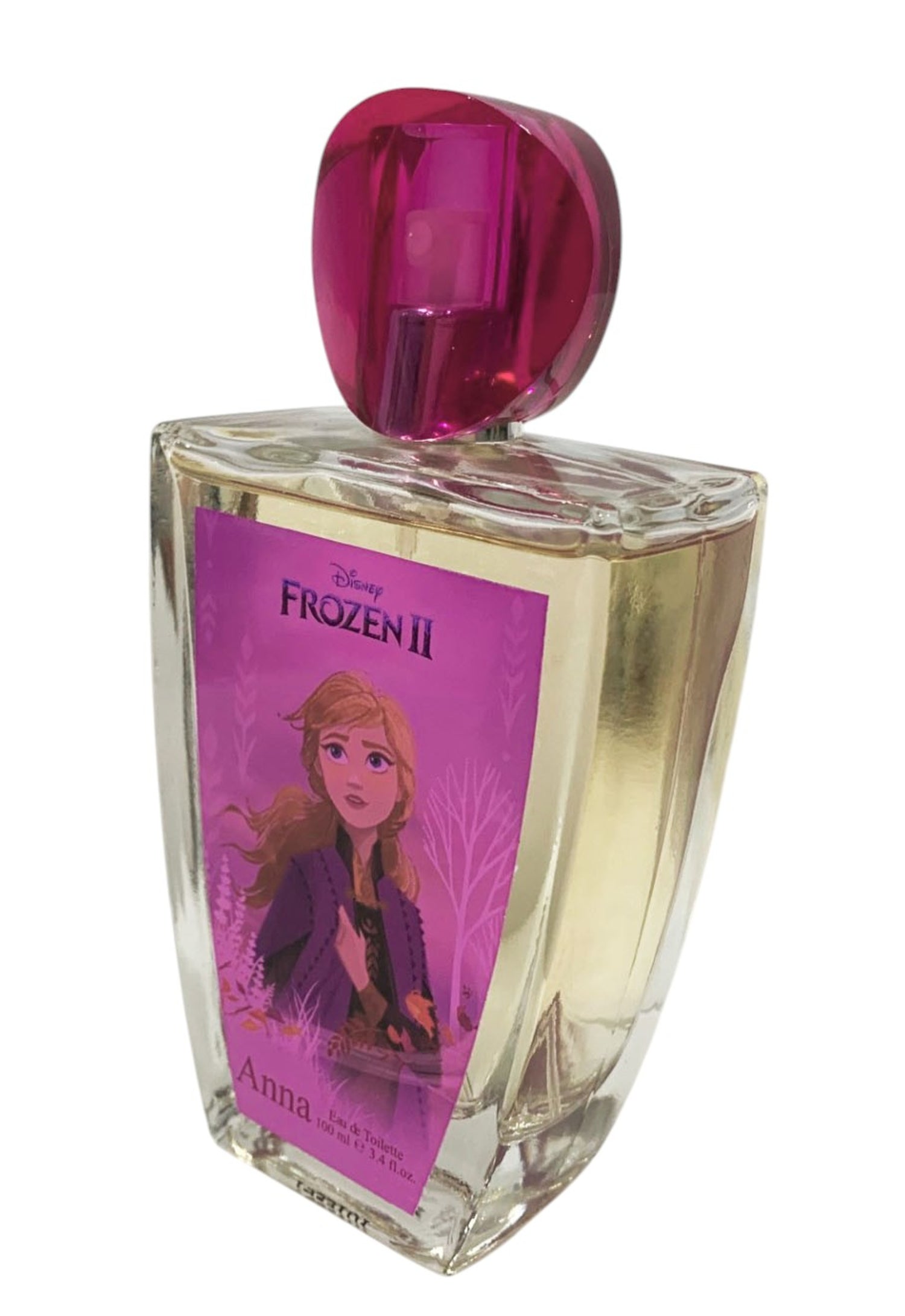 Perfume bottle with a pink cap and 'Frozen II' label featuring Anna on a white background