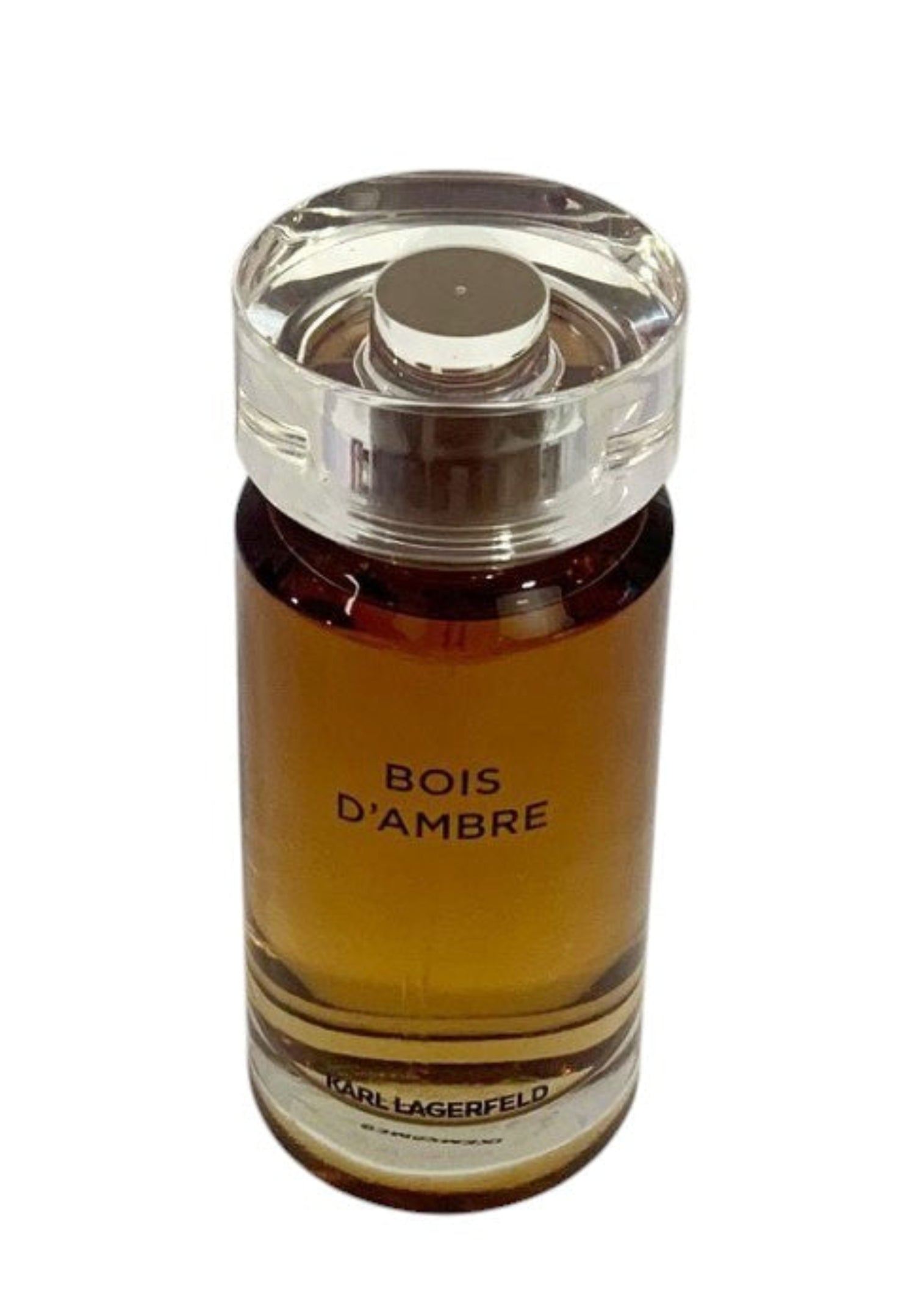 Perfume bottle labeled 'Bois d'Ambre' by Karl Lagerfeld on a white background