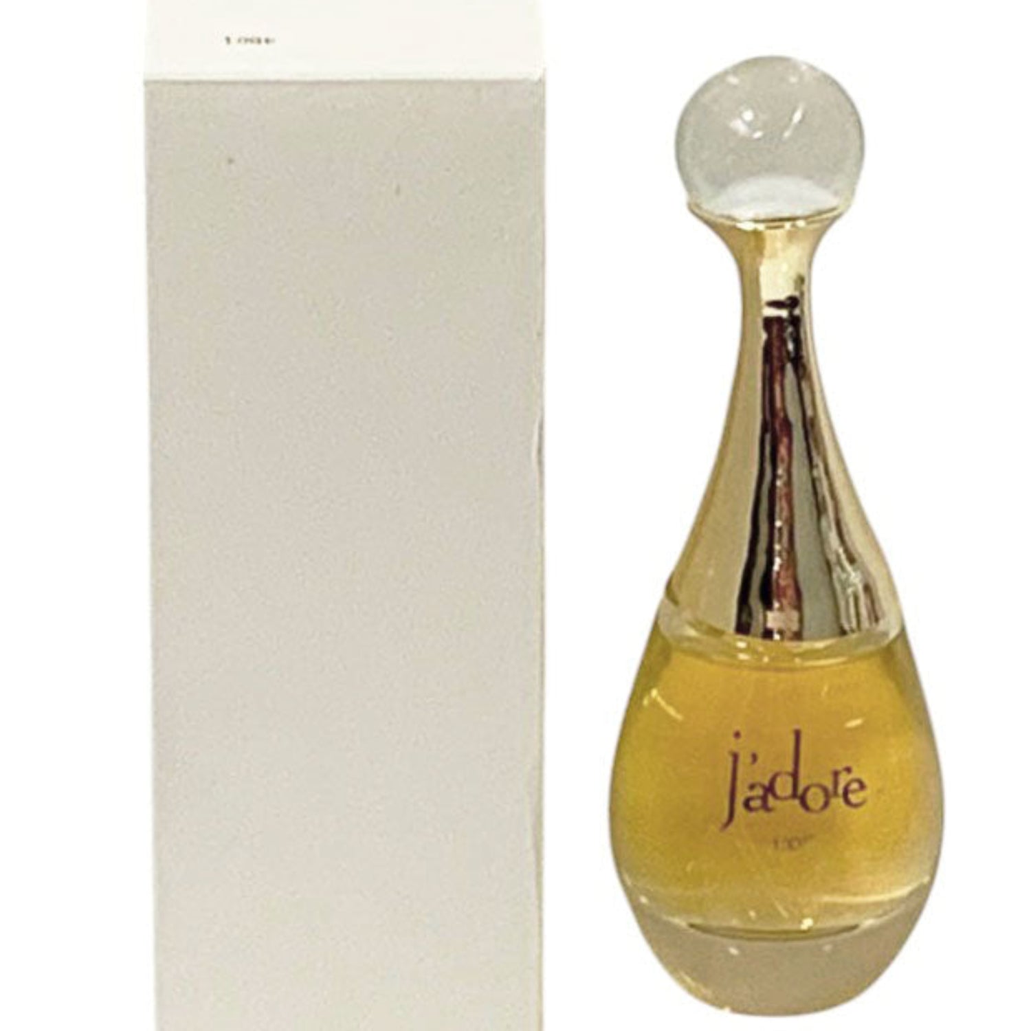Perfume bottle labeled J'adore with a box on a white background