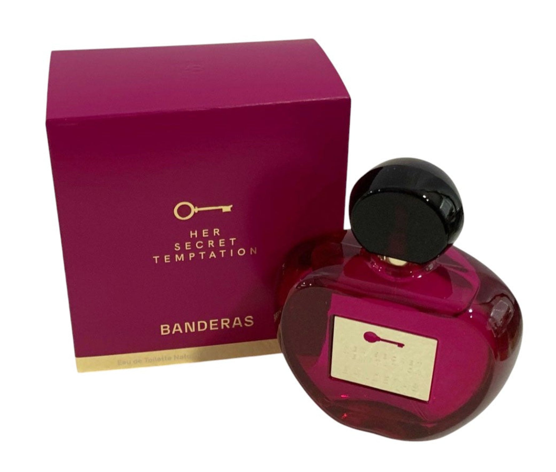 Banderas Her Secret Temptation perfume bottle and packaging on a white background