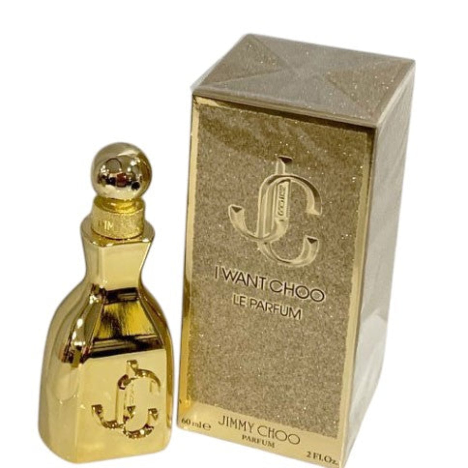 Gold perfume bottle and packaging of 'I Want Choo' by Jimmy Choo on a white background