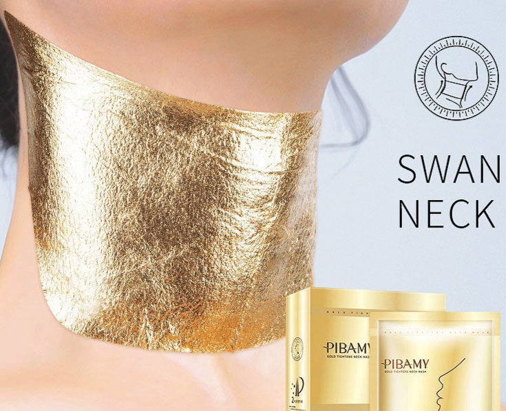 Woman wearing luxurious gold neck mask with Pibamy product packaging - premium neck care treatment for smoother, firmer-looking skin