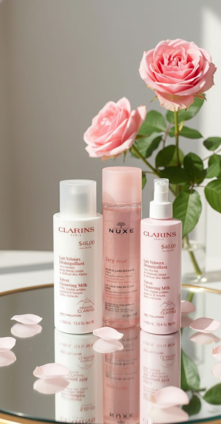 Cleanser collection including Clarins, Nuxe, and Manyo Factory products displayed on mirrored table with minimal pink rose petals and subtle rose garden background