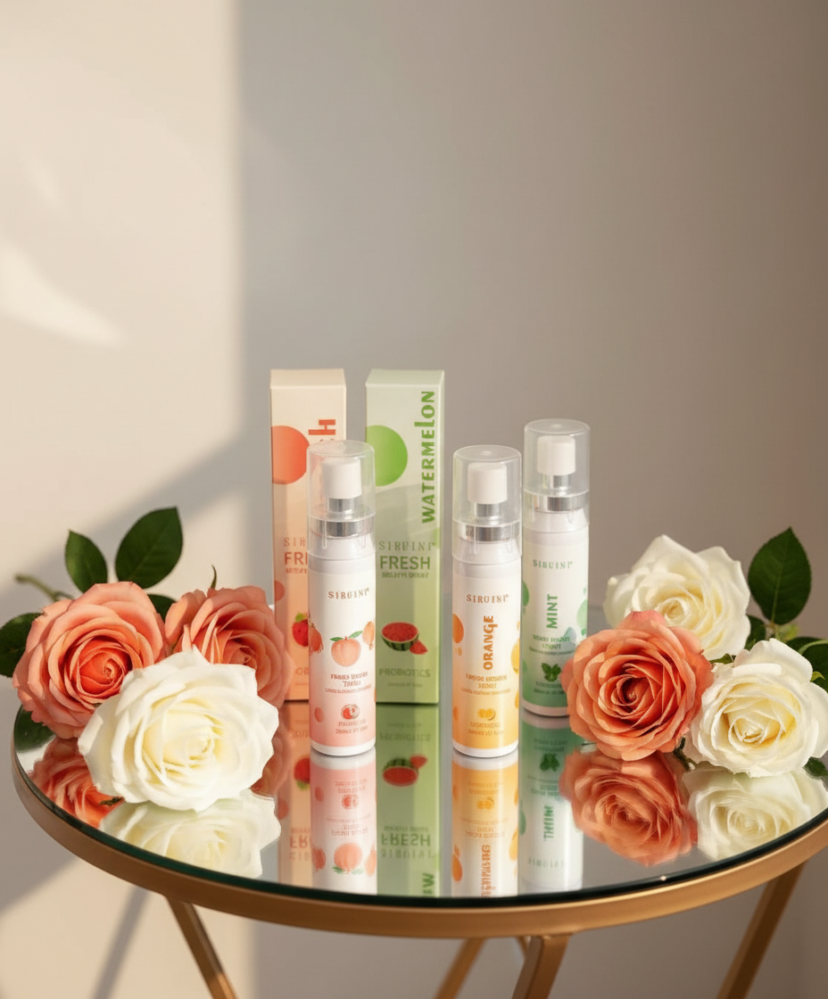 SIRUINI probiotic mouth spray bottles in multiple flavors displayed on reflective mirror table with fresh roses in elegant spa setting
