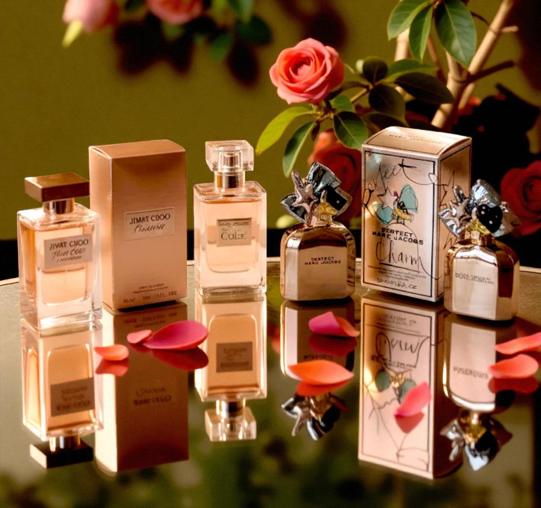 Designer women's perfumes including Jimmy Choo, Marc Jacobs, Dolce & Gabbana, and Chloe displayed on elegant vanity table with illuminated mirror background