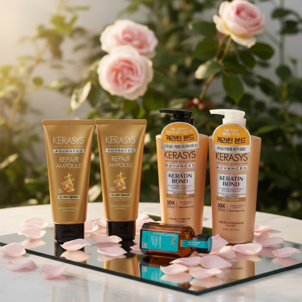 Hair care products displayed on mirrored table with minimal pink rose petals and subtle rose garden background