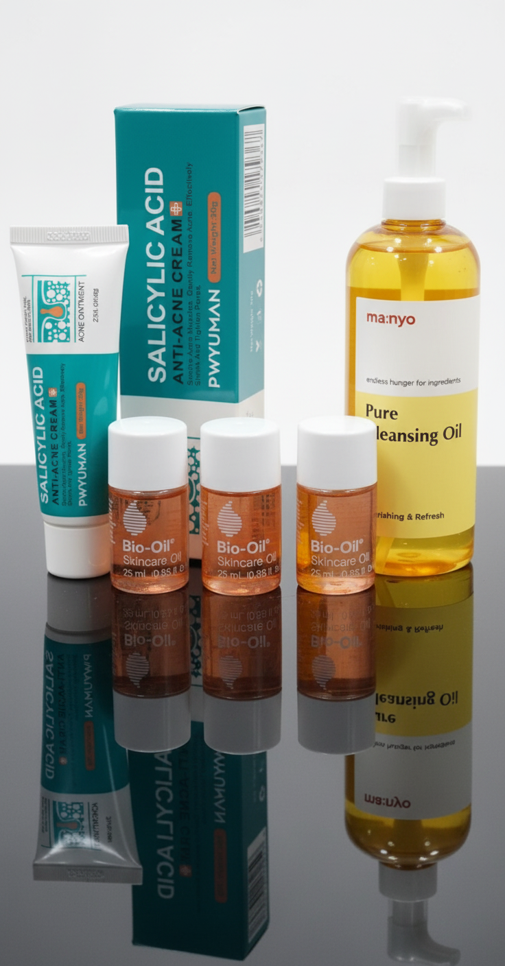 Acne treatment skincare products including salicylic acid cream, Bio-Oil moisturizer, and cleansing oil arranged on reflective white surface with mirror reflections