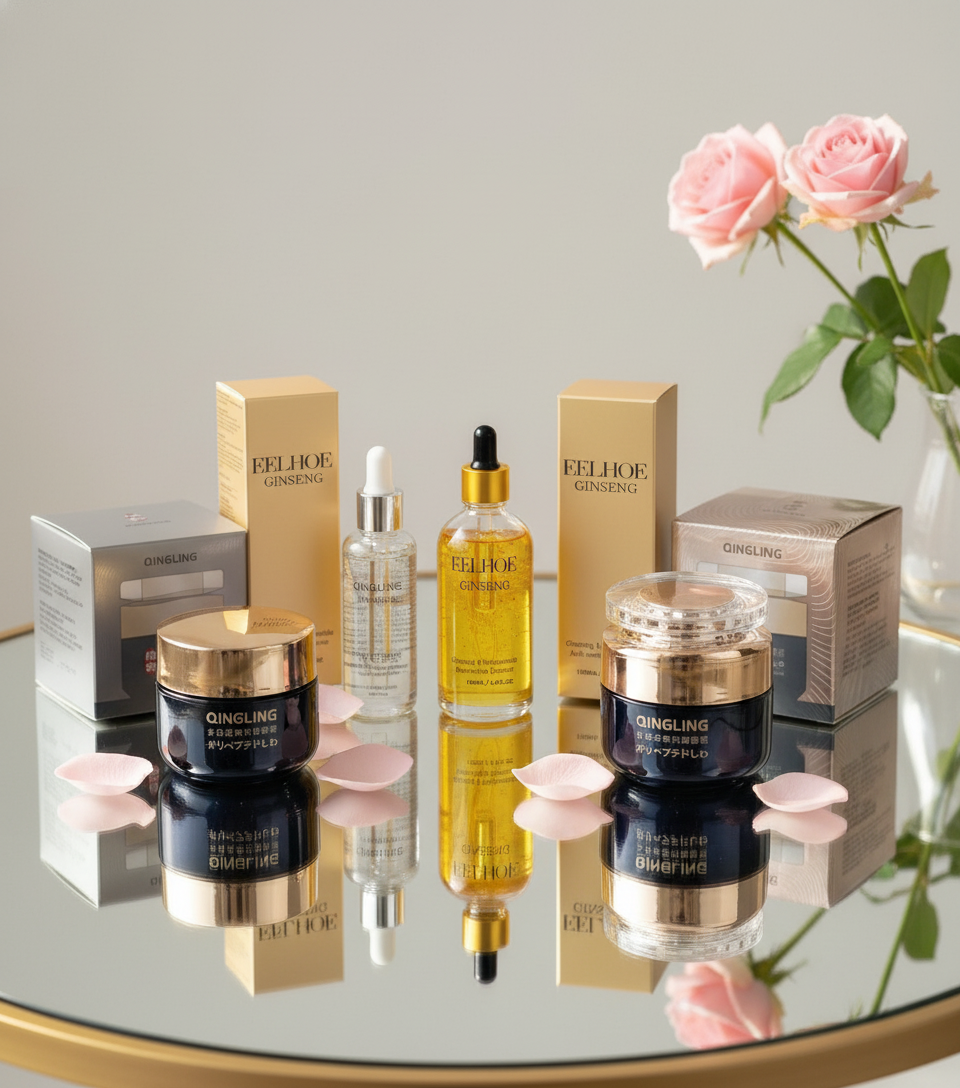 Advanced skincare treatment products displayed on mirrored table with minimal rose petals and subtle rose garden background
