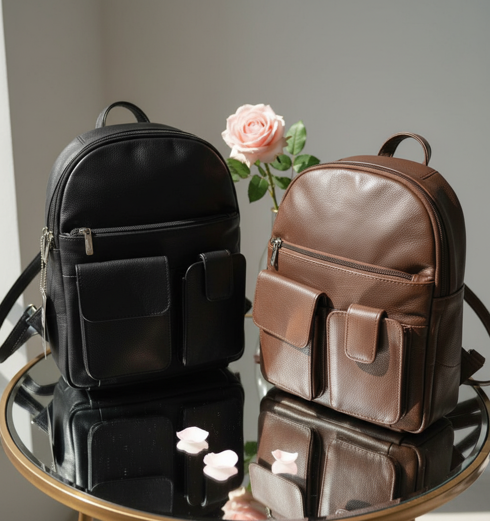 Cowhide leather backpacks in black and brown displayed on mirrored table with minimal pink rose petals and subtle rose garden background