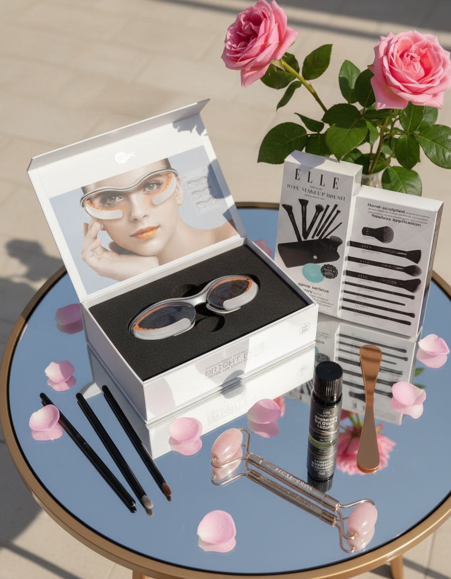 Cosmetic tools including LED light therapy devices and makeup brushes displayed on mirrored table with minimal pink rose petals and subtle rose garden background