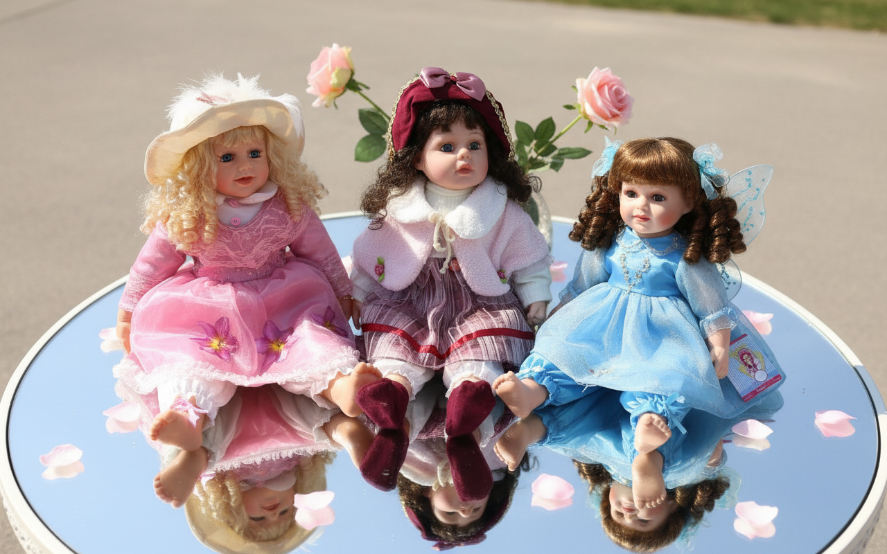 Kinnex collectible dolls including vinyl play dolls and porcelain fairy dolls displayed on mirrored table with minimal pink rose petals and subtle rose garden background